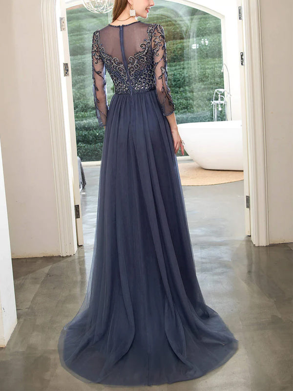 Round Neck Lace Mesh Long Sleeves Maxi Dress