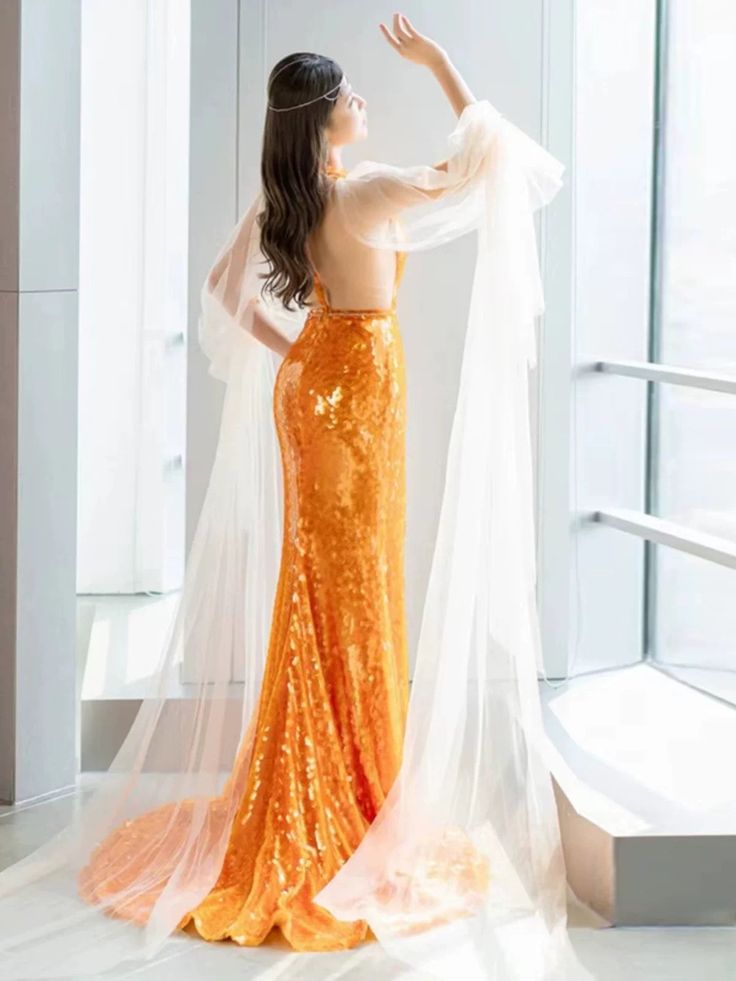 Orange Gorgeous Shiny Elegant Long Sleeve Tulle Long Sequin Mermaid Slim Ball Gown Evening Dress Party Dress gh3386