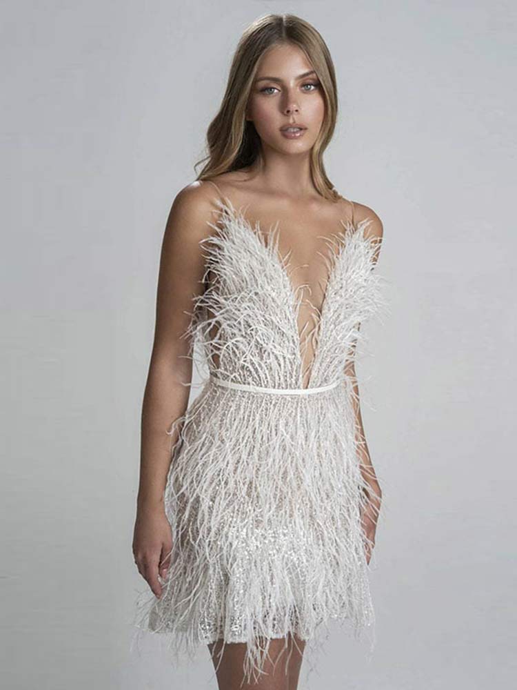 loveedsTM-Sexy Feather Spaghetti Strap Dress Women Summer Deep V-Neck Female Mini Dresses Fashion Evening Party Club Elegant Lady Dresses