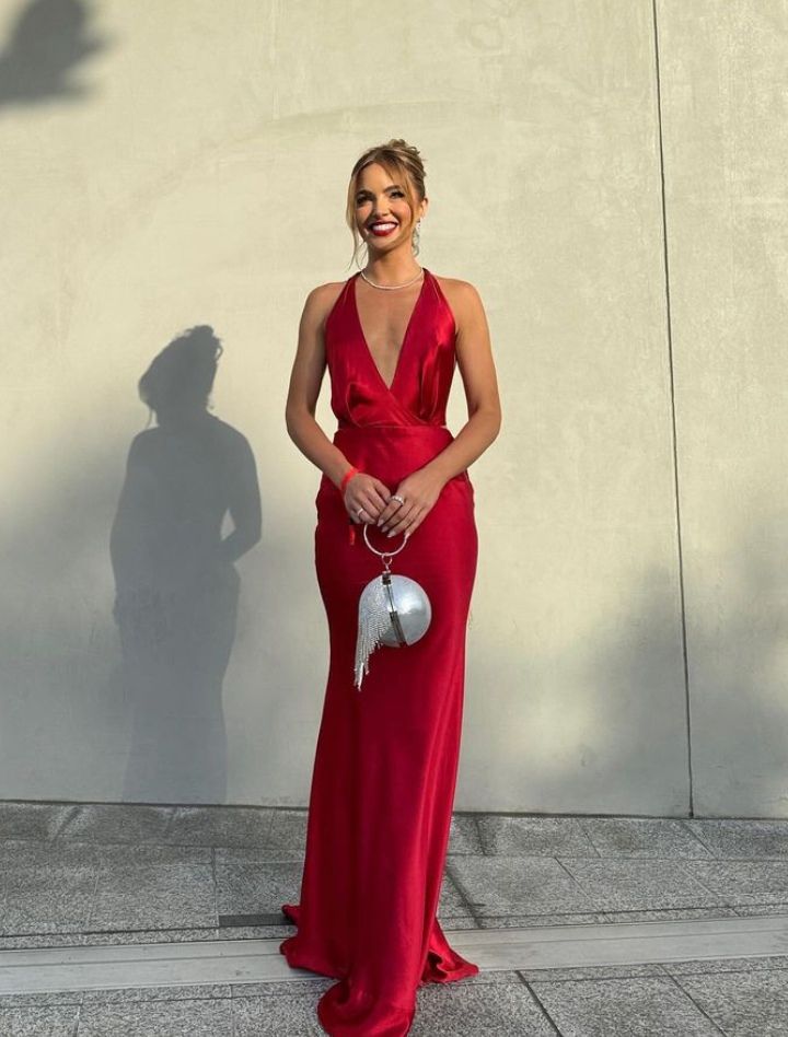 Red simple elegant V-neck long sexy satin ball gown evening dress wedding guest dress gh3055