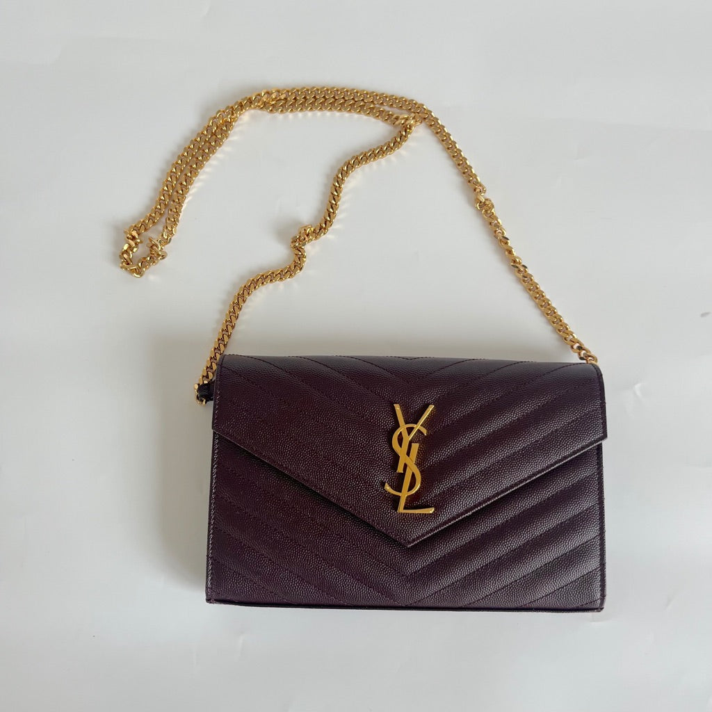 Saint Laurent burgundy Cassandre Chain Wallet in Matelassé Leather