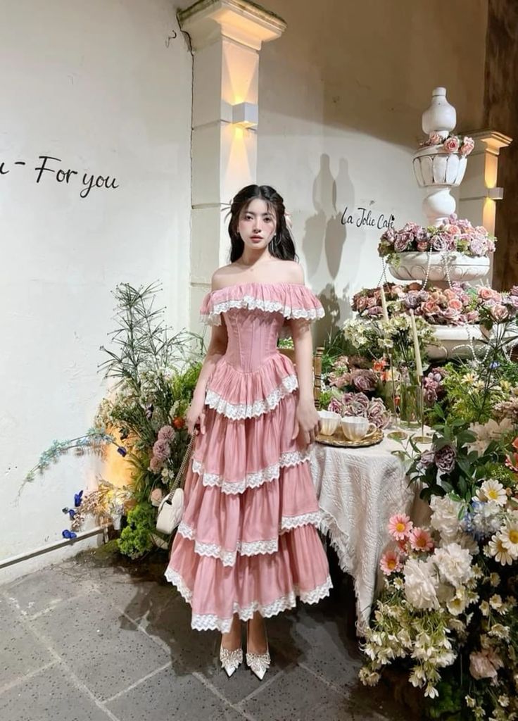 Pink Elegant Delicate Lace Corset Long Tiered Ball Gown Evening Dress Wedding Guest/Birthday Party Dress gh4128