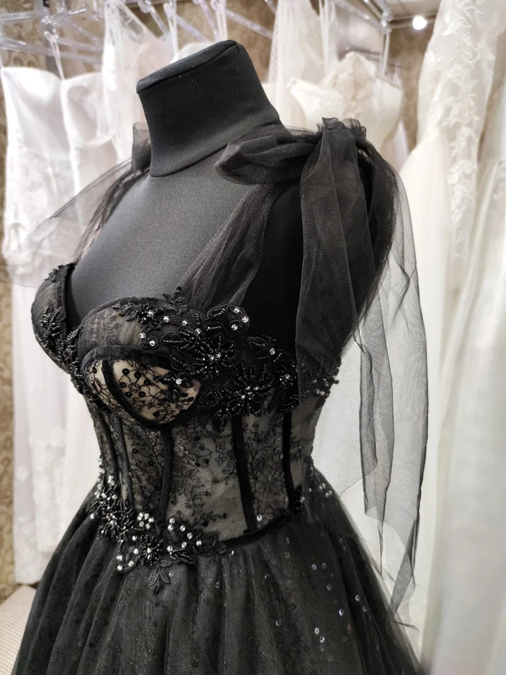 loveedsTM- Gothic Black Wedding Dresses Sexy Ball Gown Prom Dresses Glitter Sweetheart Party Dresses Vestidos De Fiesta