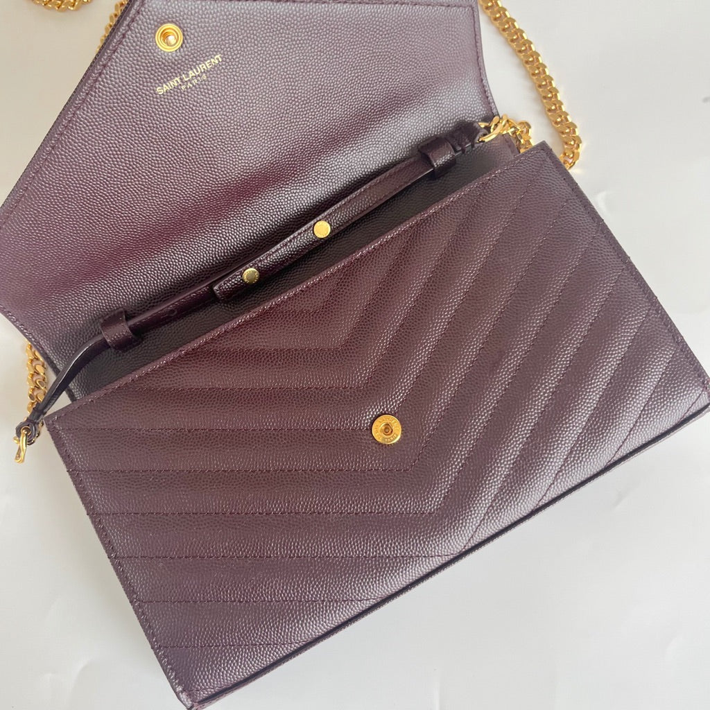 Saint Laurent burgundy Cassandre Chain Wallet in Matelassé Leather