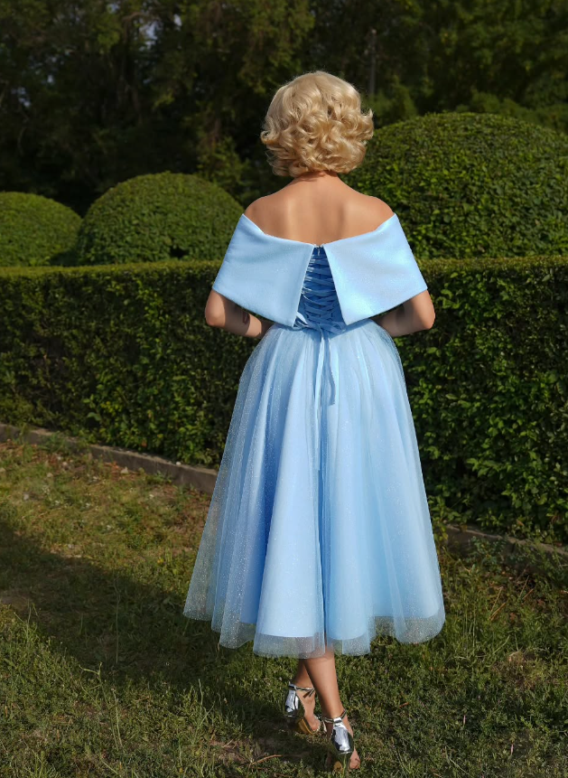 Charming Blue A Line Off the Shoulder Satin Homecoming Dress Party Birthday Dress SH3679