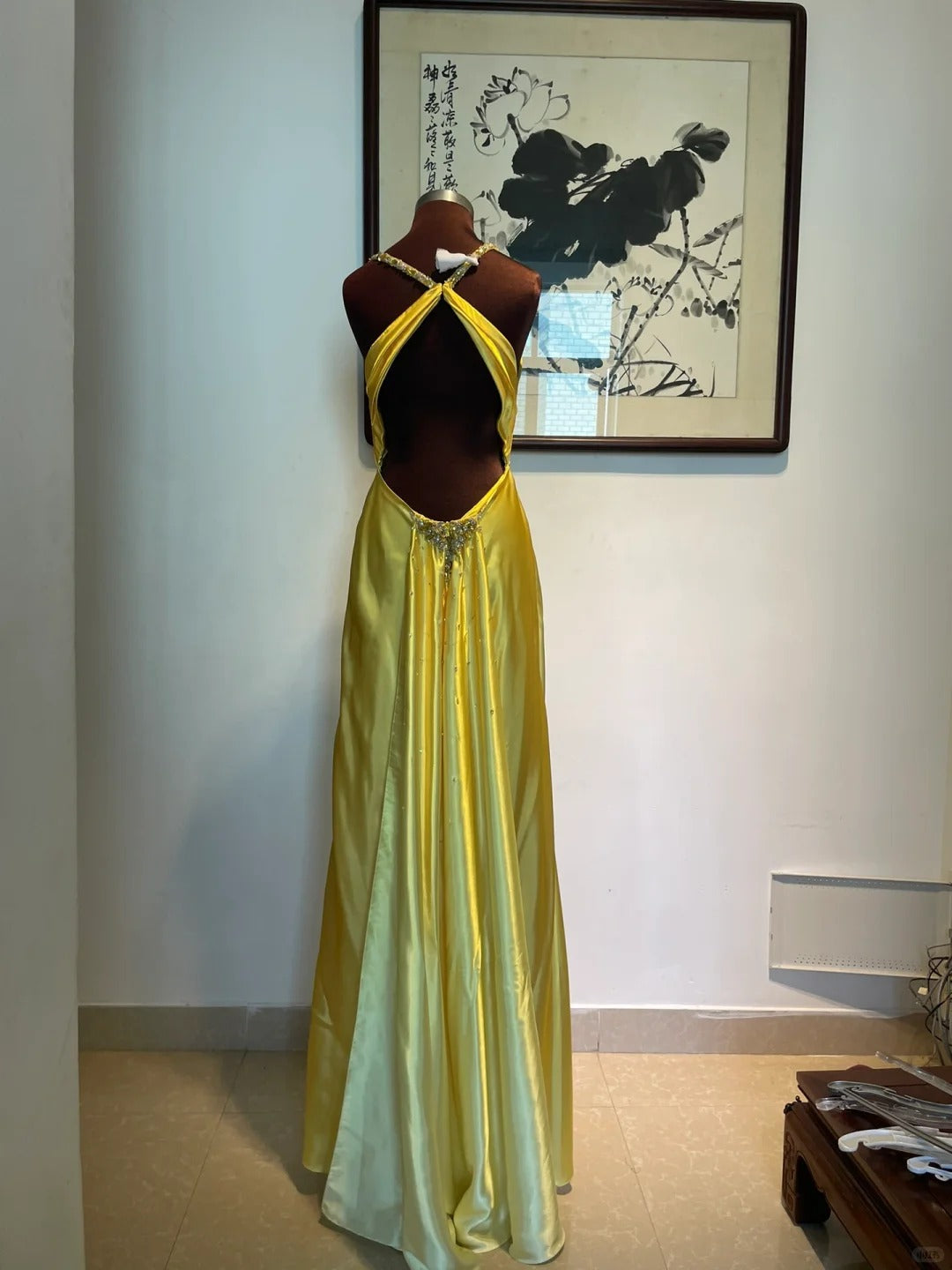Yellow rhinestone elegant fashion long satin backless prom dress evening dress birthday party dress gh4947