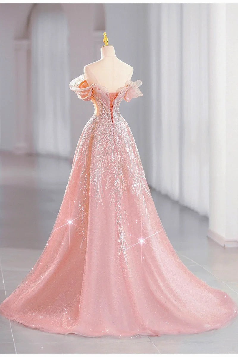 Pink gorgeous shiny dreamy elegant fashion exquisite beaded long floor-length trailing tulle ball gown evening dress gh4000