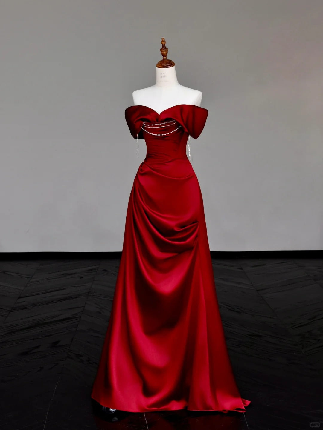 preppydressess -Red pearl beaded long satin prom dress evening dress party dress gh5114