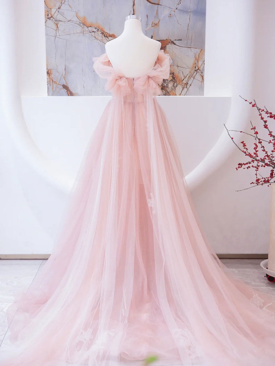 Pink tulle lace beads long prom dress, pink A line evening dress SA1622