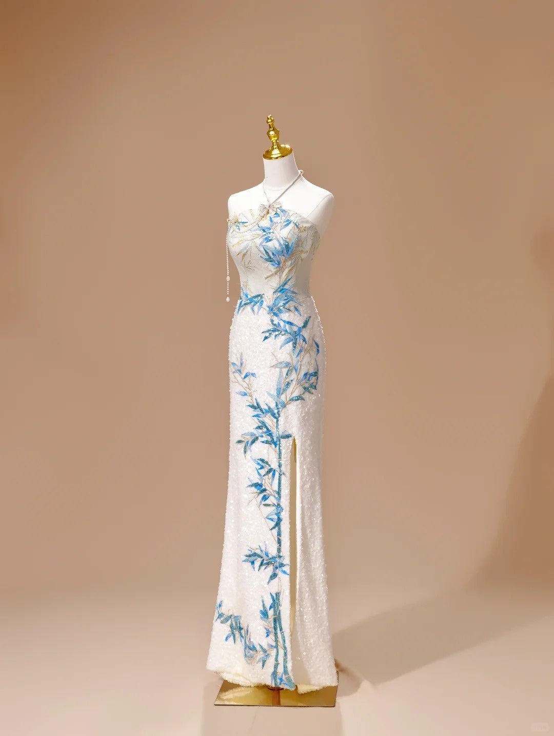 White Luxury Gorgeous Shiny Unique Fashion Elegant Exquisite Floral Bamboo Beads Sequins Suspender Long Ball Dress Evening Dress Bridal Wedding Reception Dress Prom Dress gh4026