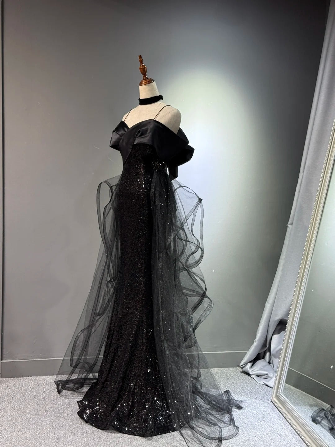 preppydressess -Black shiny elegant long sequined tulle Prom dress evening gown graduation dress gh5107