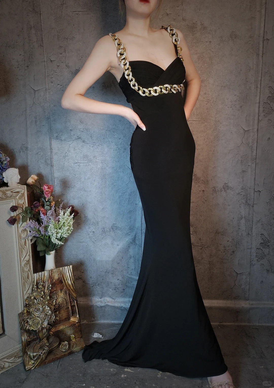 Vintage black gold chain backless mermaid ball gown sexy elegant evening dress party dress gh4802