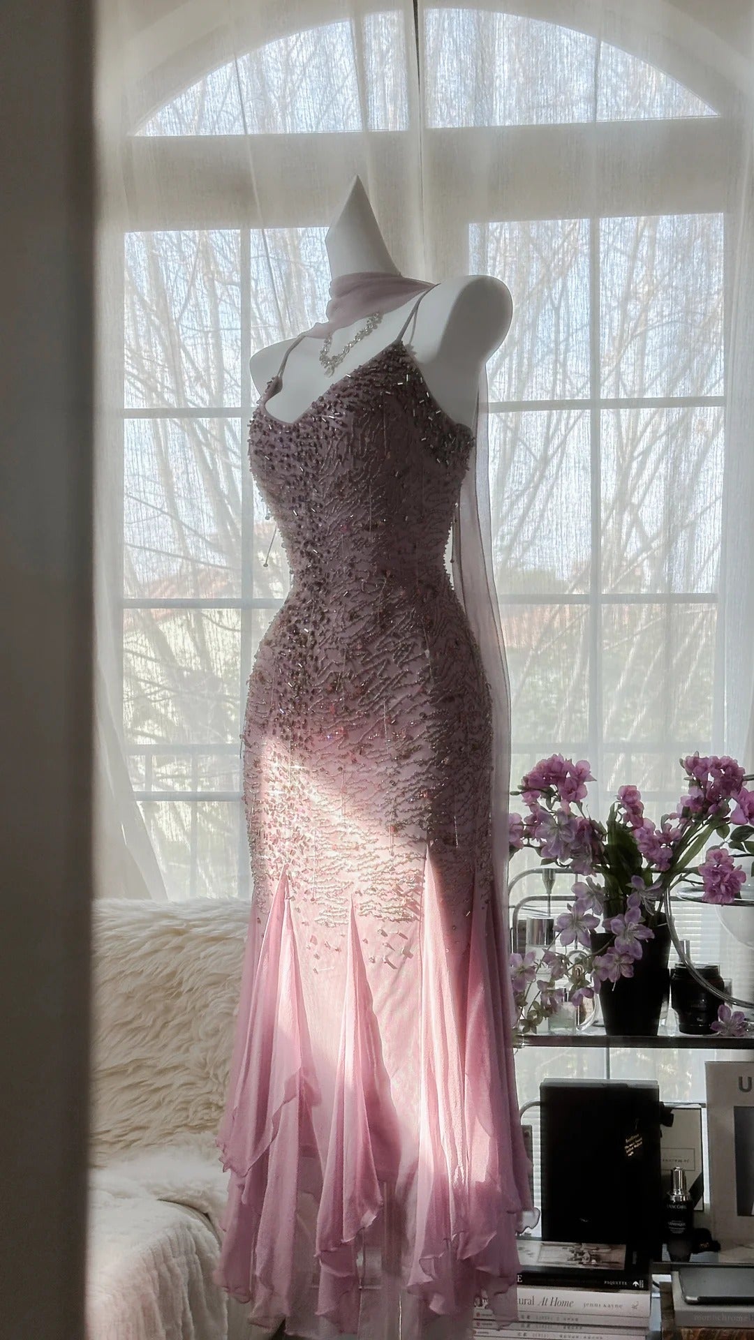 Pink Purple Elegant Romantic Exquisite Beaded Long Chiffon Ball Gown Evening Dress Birthday/Wedding Guest/Holiday Party Dress Prom Dress gh4021