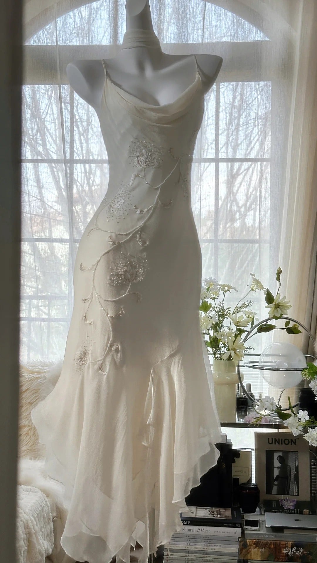 Ivory White Elegant Fashion Exquisite Floral Beading Long Chiffon Ball Gown Evening Dress Party Dress gh4006