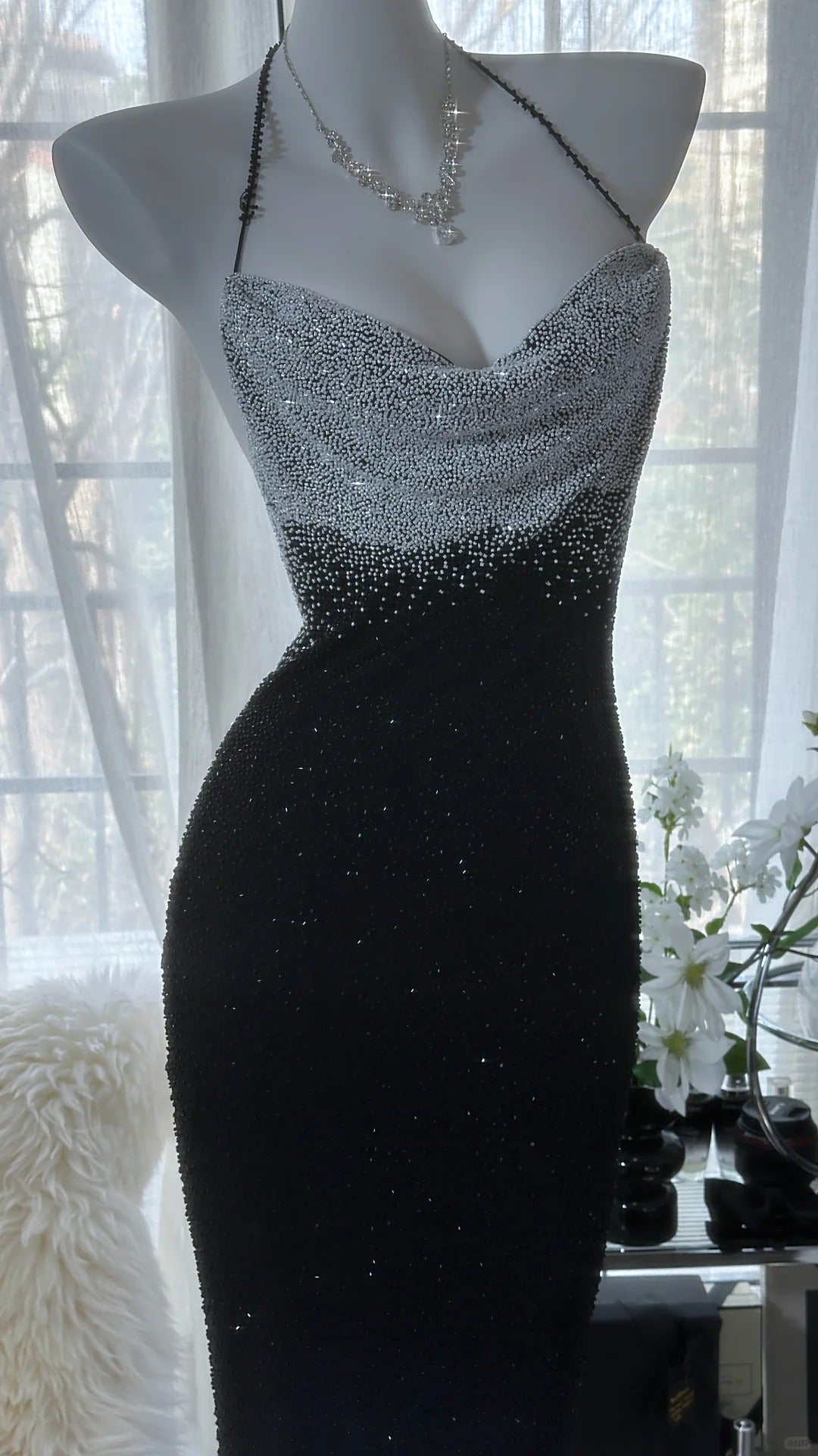 Black Silver Gorgeous Shiny Fashion Gradient Suspender Long Sequin Prom Dress Evening Dress Party Dress gh4004