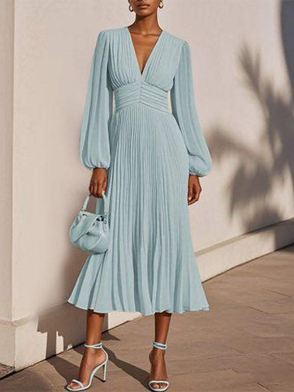 Light Blue V-neck Long Sleeves Midi Dress