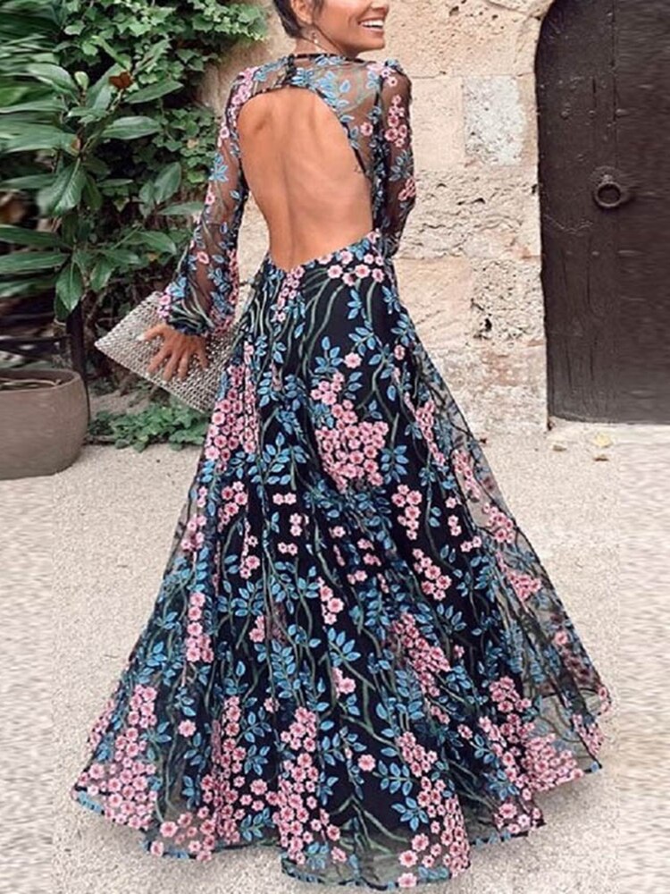 loveedsTM-Vintage Chic Women Floral Print O-neck Backless Sexy Bohemian Evening Dress Robe Lady Long Sleeve Boho Dresses Vestidos