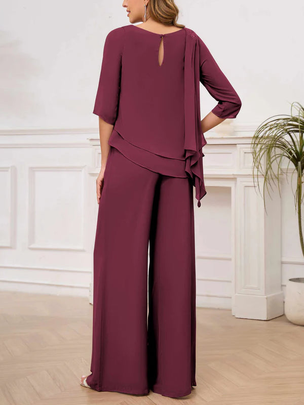 Asymmetrical Scoop Appliques Mother of the Bride & Groom Pantsuit
