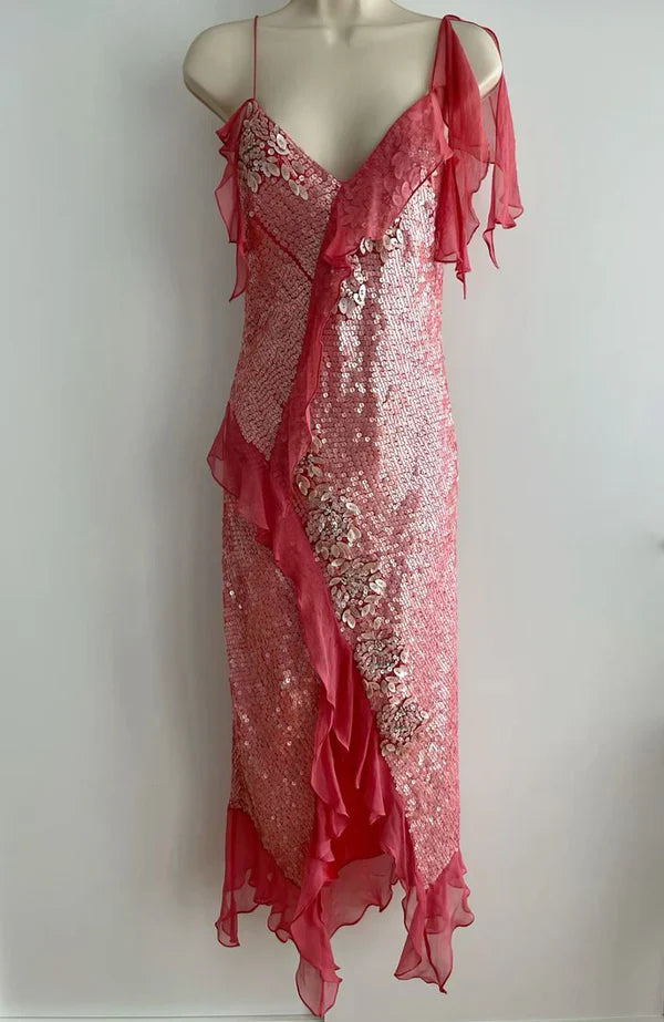 Pink Gorgeous Shiny Long Elegant Ruffle Sequin Ball Gown Evening Dress Party Dress gh3258