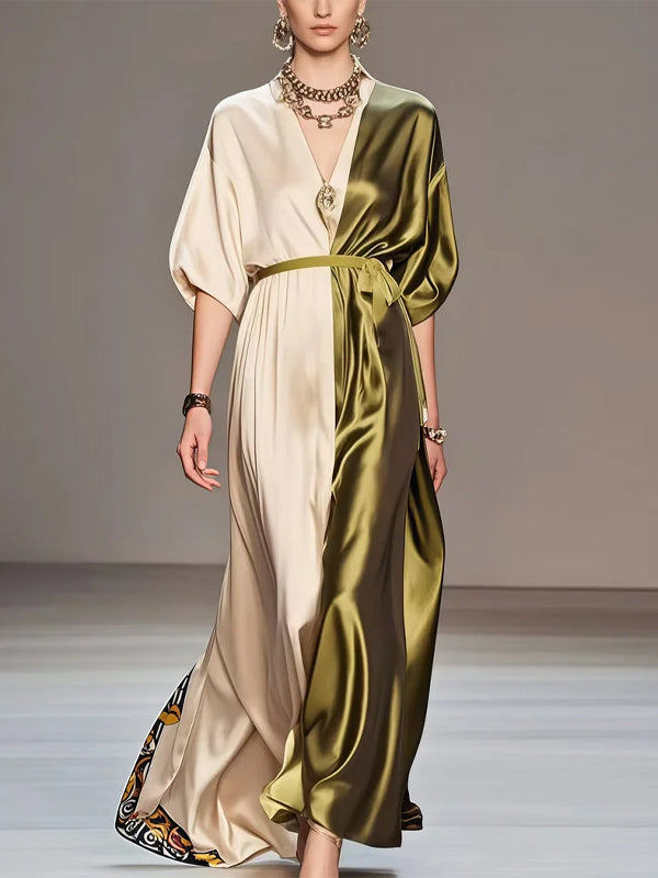 V-neck Short Sleeve Silk Colorblock Maxi Dress