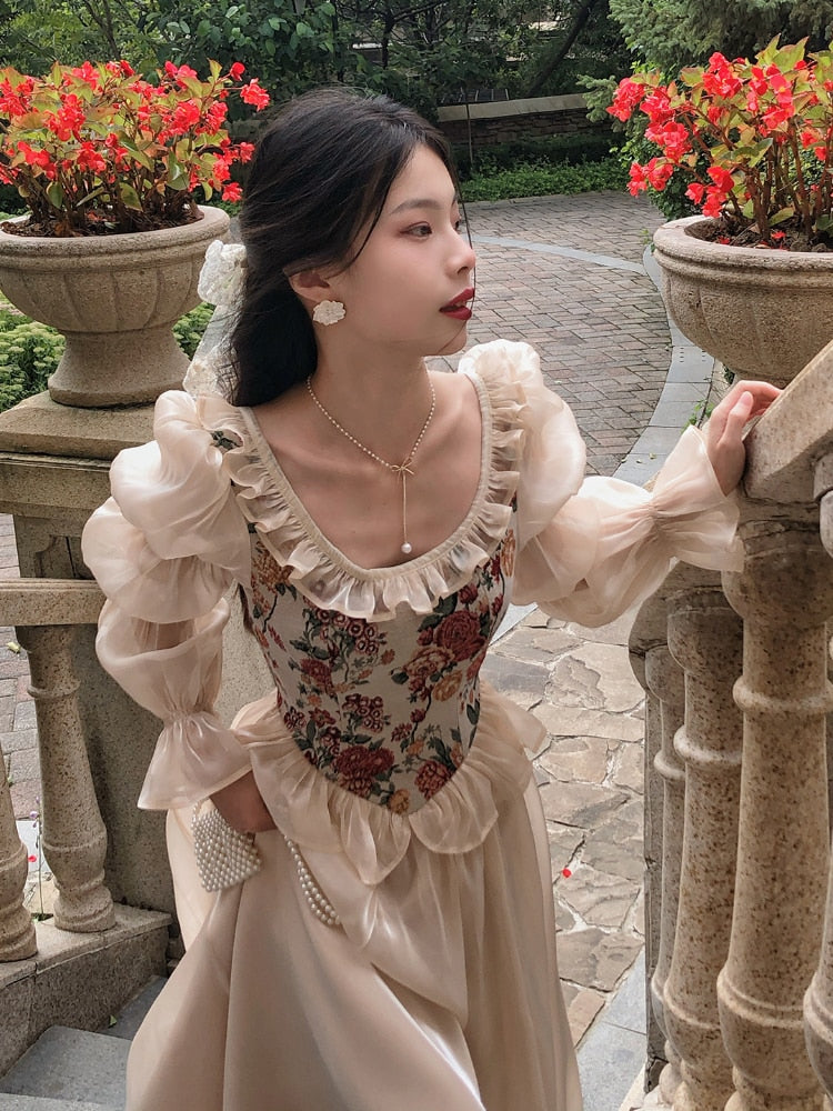 loveedsTM- French Vintage Print Floral Dress Women O-neck Elegant Evening Party Midi Dress Female Puff Sleeve Korea Fairy Dress Autumn