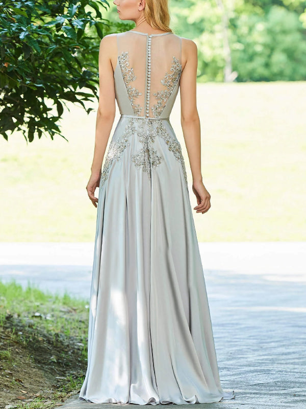 Round Neck Lace Solid Color Sleeveless Maxi Dress