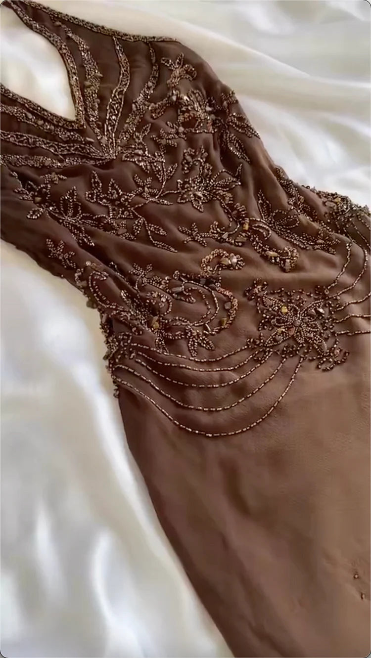 Mint Chocolate Prom Dress Brown Blue Gradient Gorgeous Lightweight Exquisite Beading Spaghetti Strap Long Chiffon Evening Gown Party Dress gh3338
