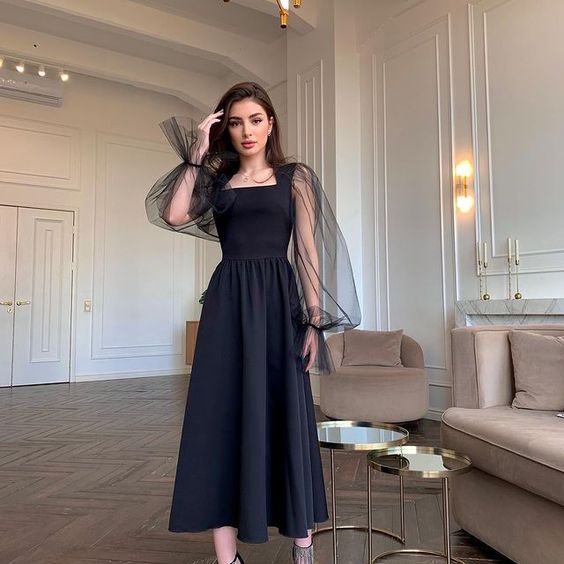 Black prom dresses long sleeve a line evening dresses fg2922