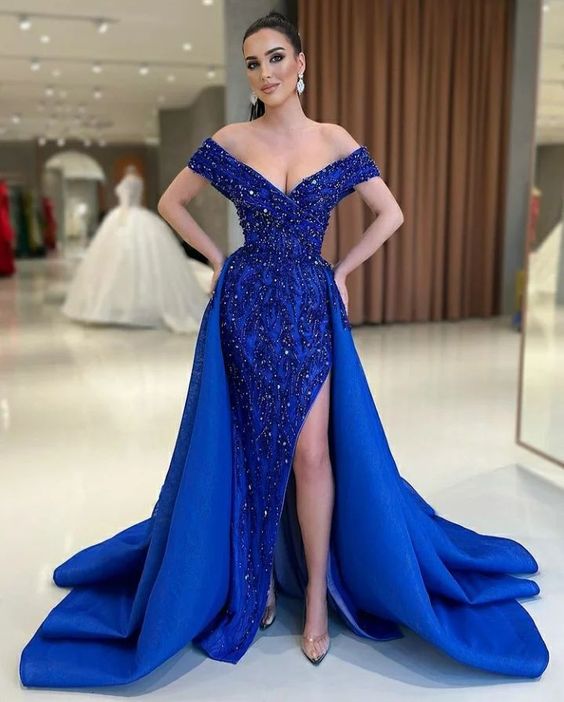 Elegant Off The Shoulder Blue Evening Dress fg2641