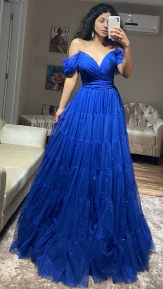 A-line Royal Blue Tulle Long Formal Evening Dress fg3022