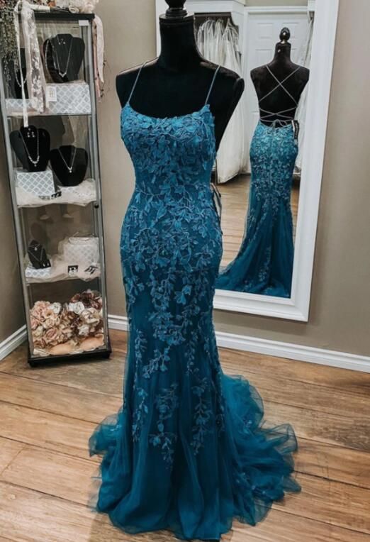 Straps Mermaid Dark Teal Backless Long Prom Dress With Lace fg2763