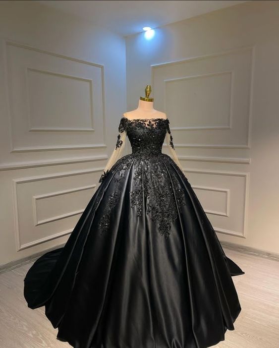 Black Ball Gown Satin Long Prom Dress fg2676
