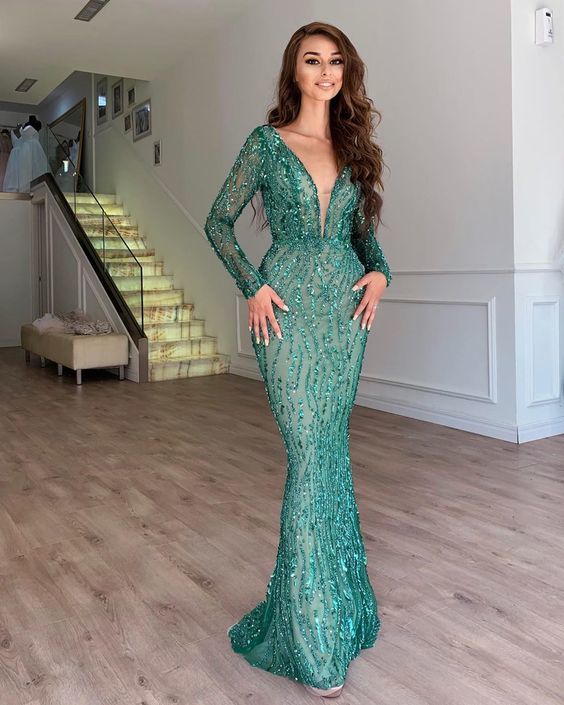Sparkly Mermaid V Neck Long Sleeve Green Sequins Long Prom Evening Party Dresses fg2716
