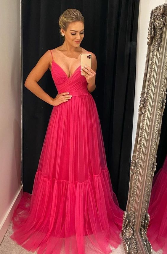 Hot Pink Tulle Prom Dresses Long Evening Gowns fg3030