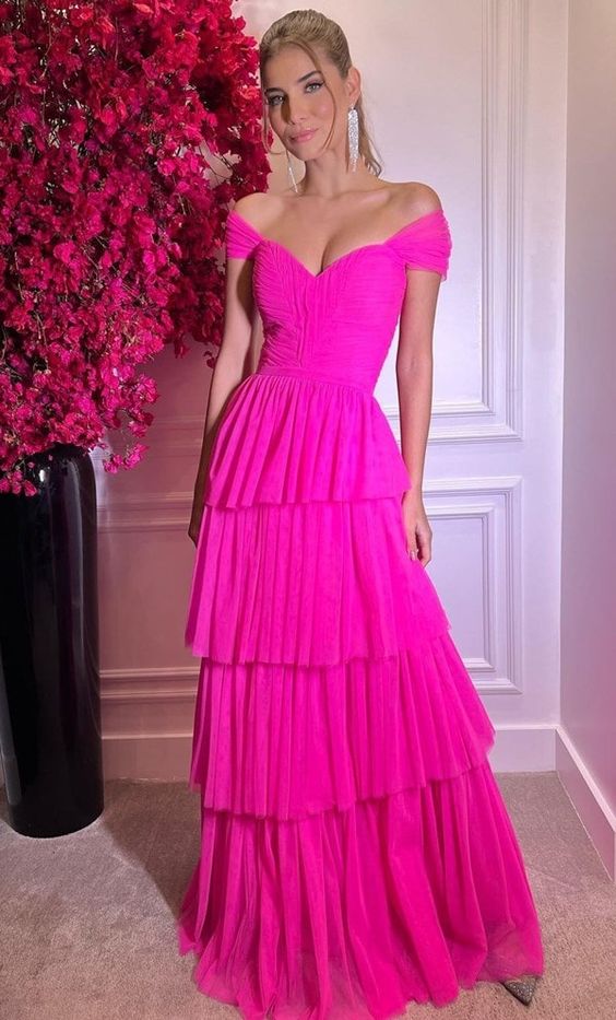 Hot Pink Off The Shoulder Prom Dresses Long Evening Gowns fg3033