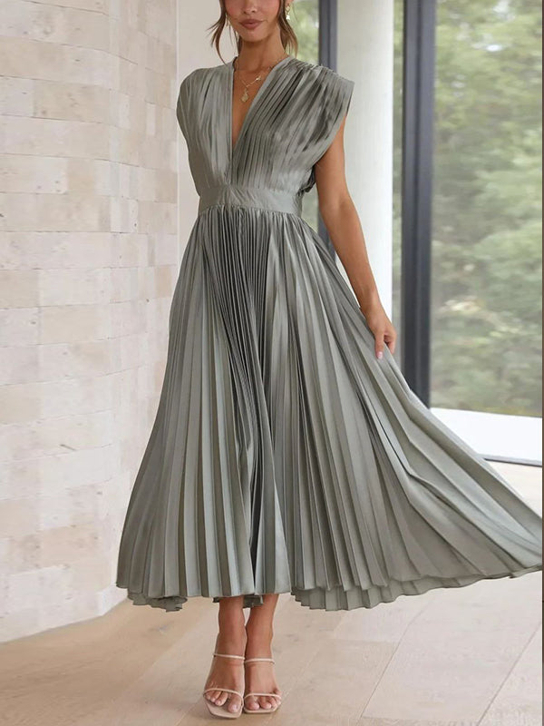 Grey V-neck Sleeveless Midi Dress