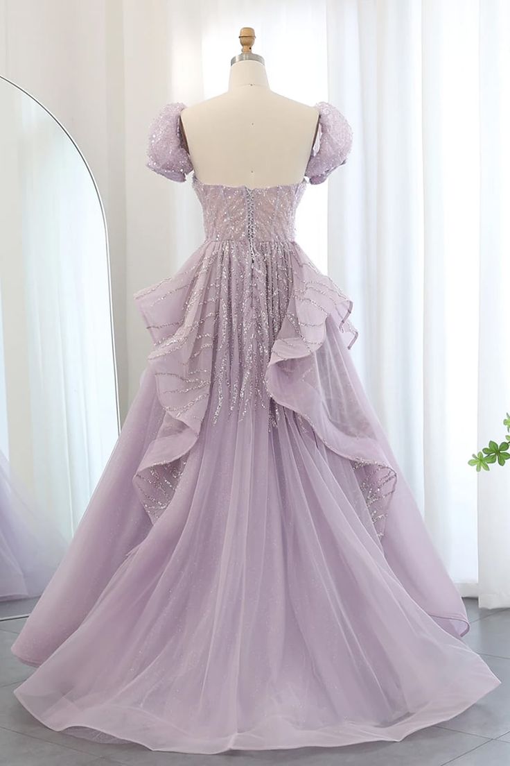 Lilac A Line Puff Sleeve Sequins Ruffle Tulle Prom Dress SH1661