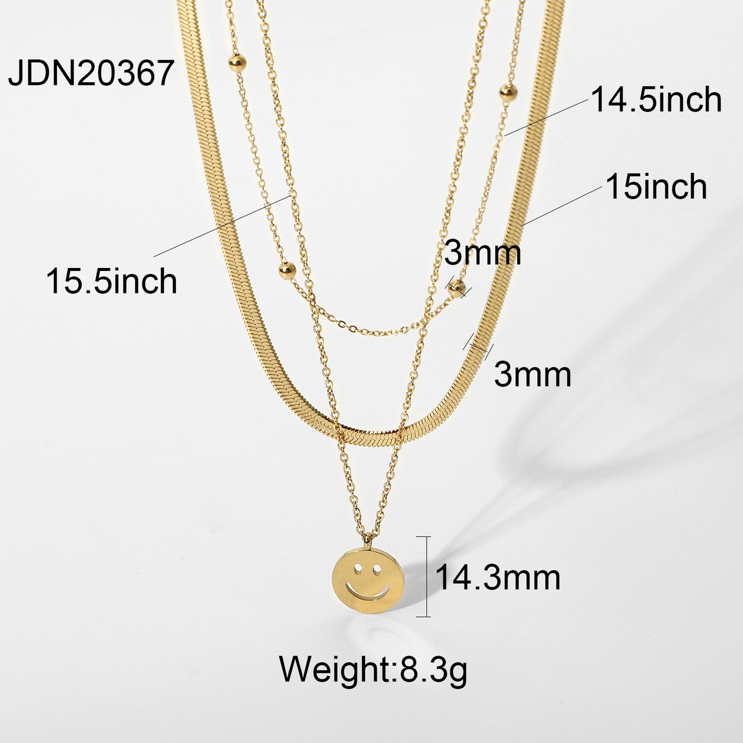 Three Layers Snake Chain Smiley Pendant Necklace