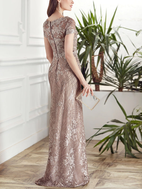 V-neck Solid Color Lace Maxi Dress