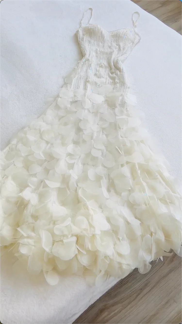 Gorgeous A Line Spaghetti Strap Beaded Sequin Ivory Chiffon Prom Dress Evening Dress SH2245