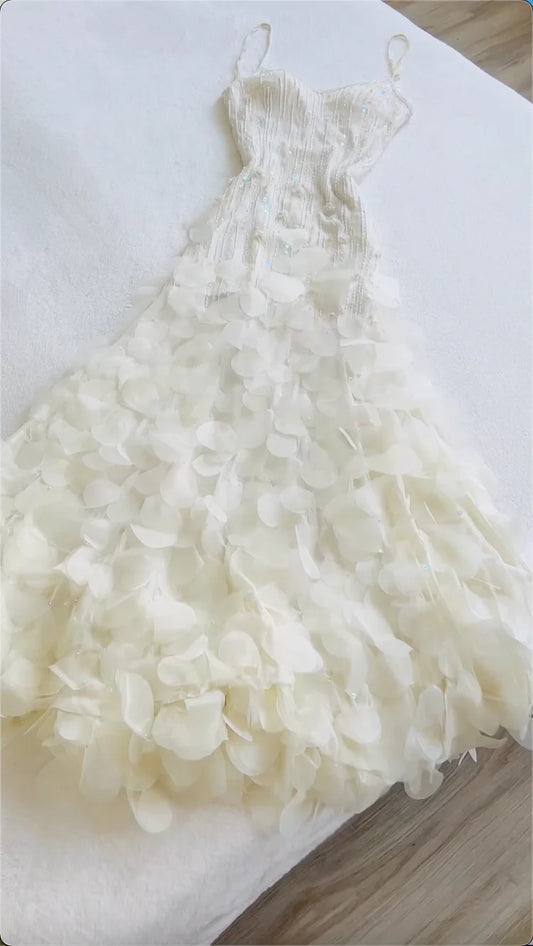 Gorgeous A Line Spaghetti Strap Beaded Sequin Ivory Chiffon Prom Dress Evening Dress SH2245