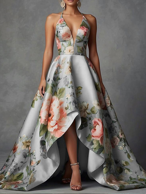 Blue-grey Printed Suspenders Maxi Dress