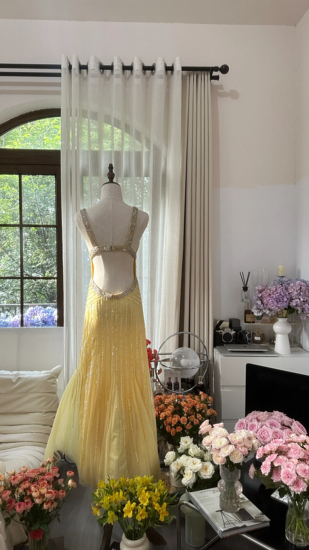 Light Yellow Gorgeous Shiny Fashion Elegant Exquisite Beaded Long Tulle Backless Fairy Ball Gown Evening Dress Birthday/Wedding Guest/Holiday Party Dress Prom Dress Valentine's Day Date Dress gh4034