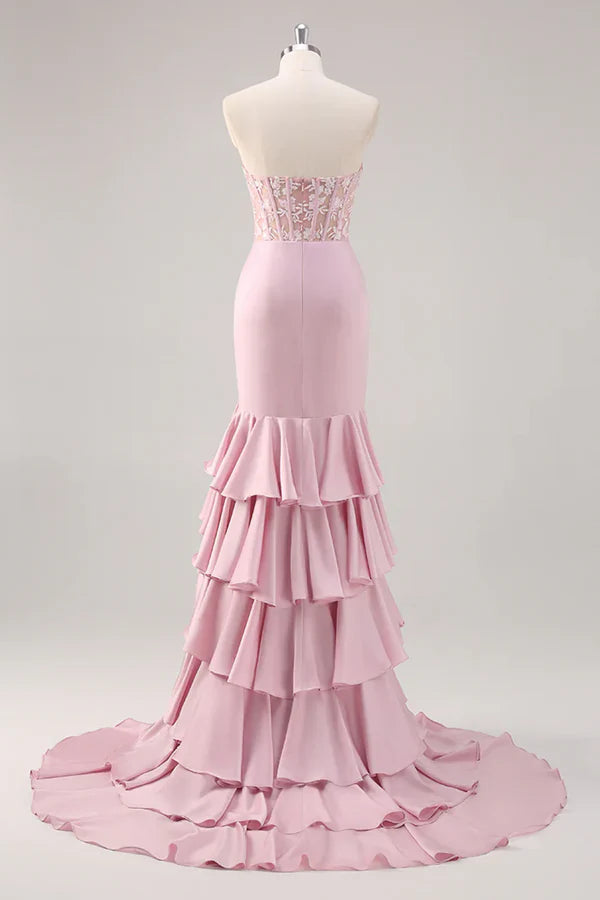 Blush Mermaid Strapless Corset Tiered Long Prom Dress with Slit Graduation Dresses DP525