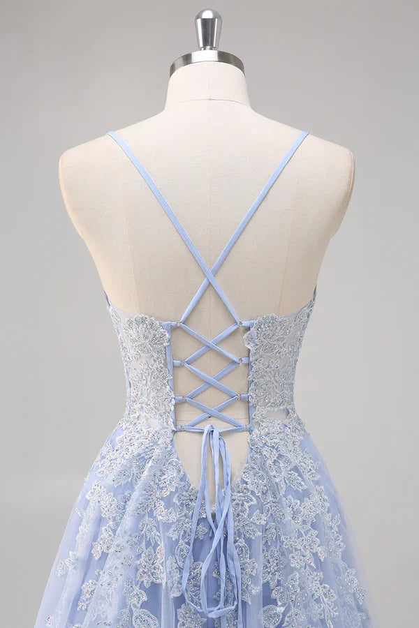 Pretty A Line Spaghetti Straps Tulle Beaded Long Prom Dress with Slit Graduation Dresses DP527