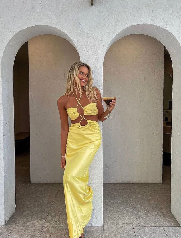 Unique Sheath Spaghetti Strap Yellow Satin Open Back Prom Dress Evening Dress SH2320