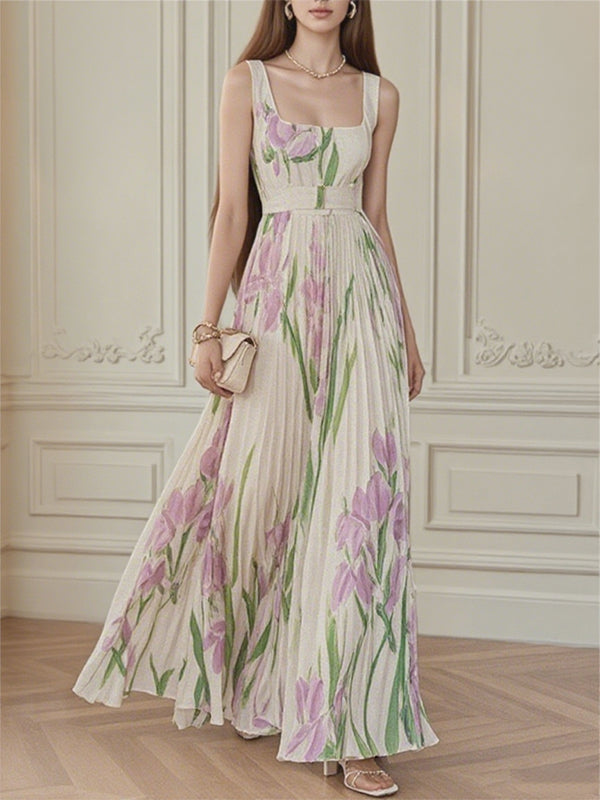 Beige Suspenders With Print Maxi Dress