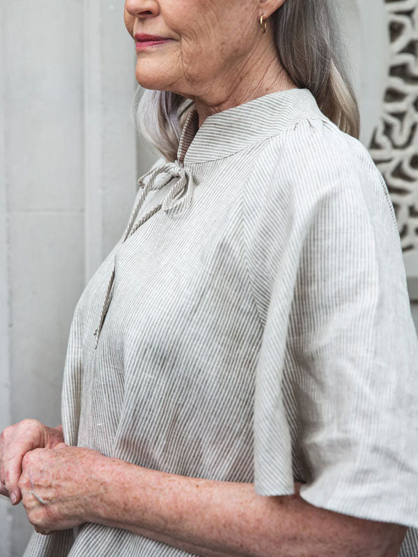 Lace-up Cotton and Linen Stripes Short Sleeves