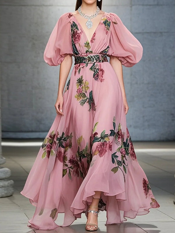 Slim Fit Chiffon Holiday Puff Sleeve Women's Dress