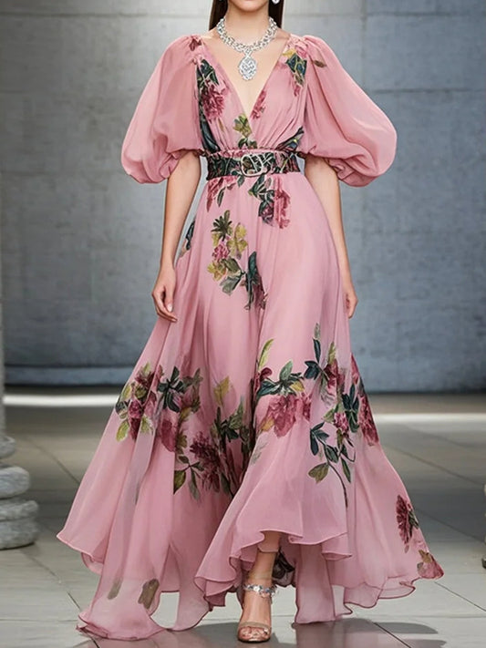 Slim Fit Chiffon Holiday Puff Sleeve Women's Dress